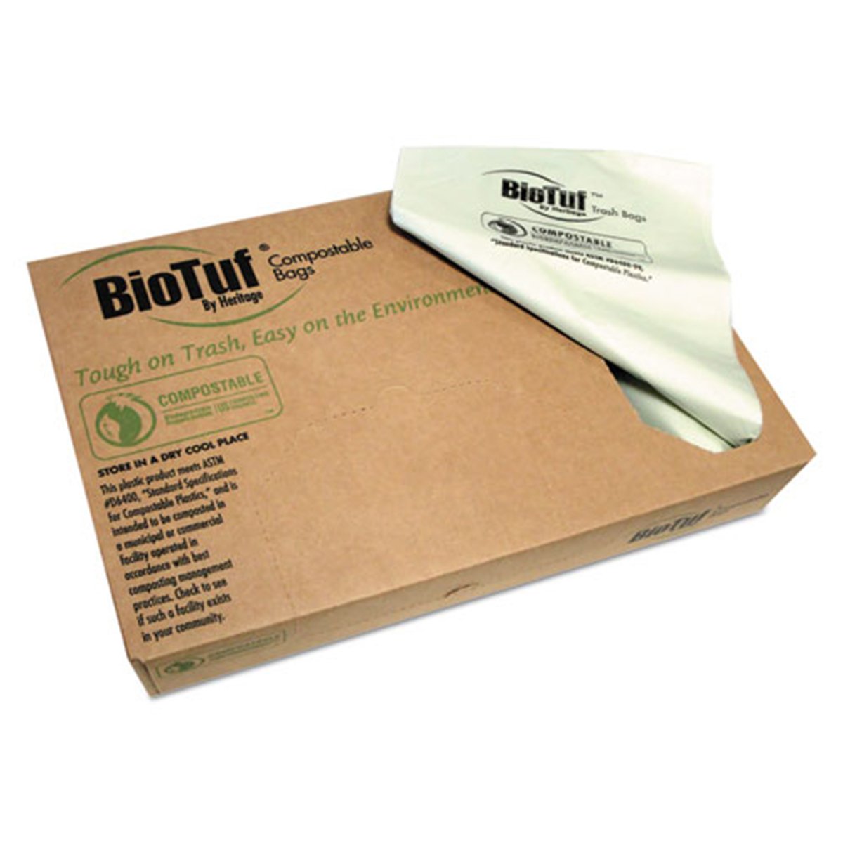 Heritage Biotuf Compostable Can Liners, 45 Gal, 0.9 Mil, 40″ x 46″, Green, 100/ctn