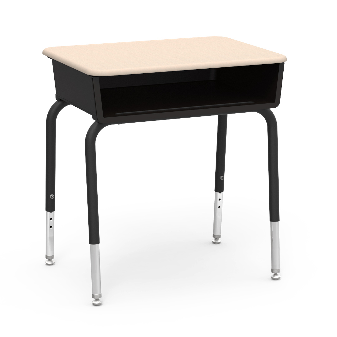 Virco 785 Series Desk w Black Plastic Book Box, 18″x24″ Sandstone Hard Plastic Top, Char Black Frame