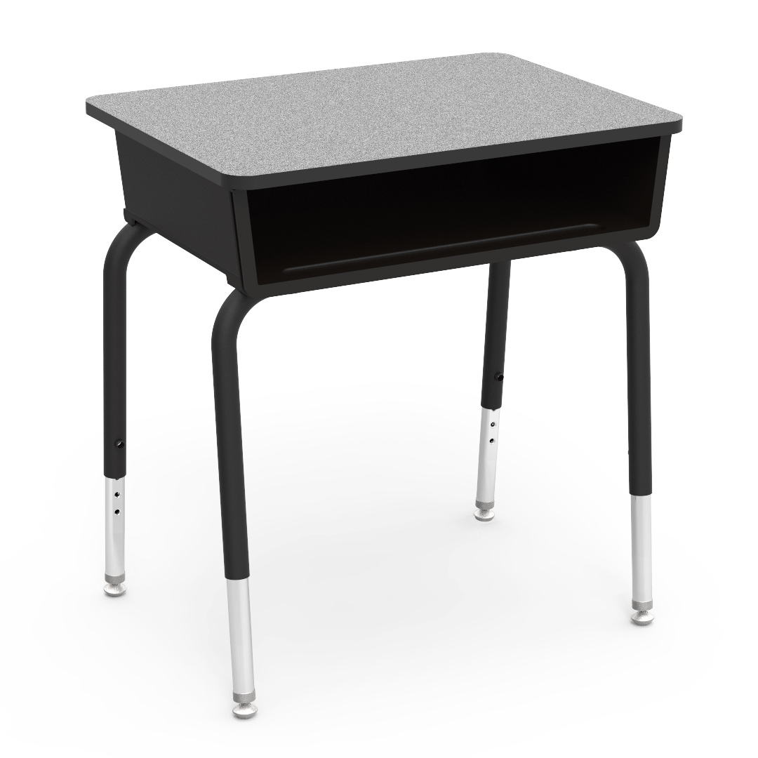 Virco 785 Series Desk w Black Plastic Book Box, 18″x24″ Grey Nebula Top, Char Black Frame