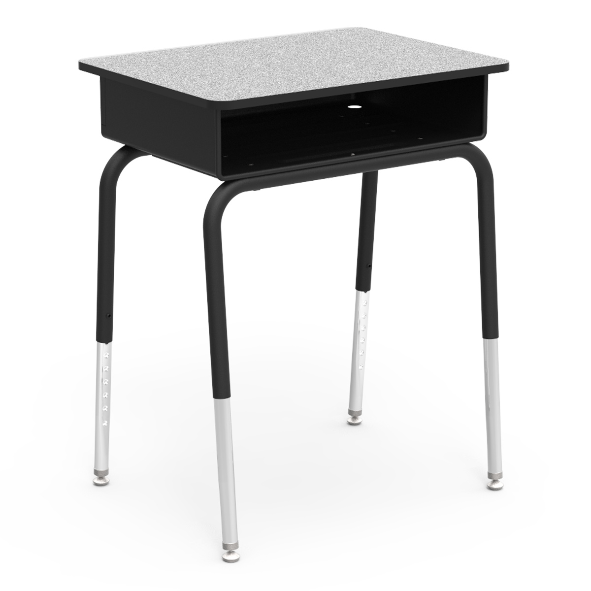Virco 785 Series Desk w Black Metal Book Box, 18″x24″ Grey Nebula Top, Char Black Frame